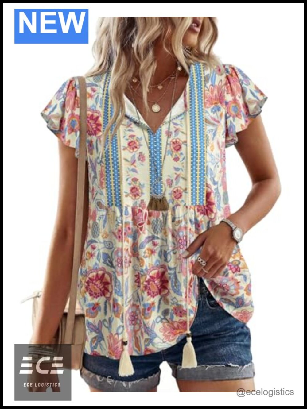 Womens Boho Peasant Blouse Ruffle Short Sleeve V-Neck Tunic Top Tie Front